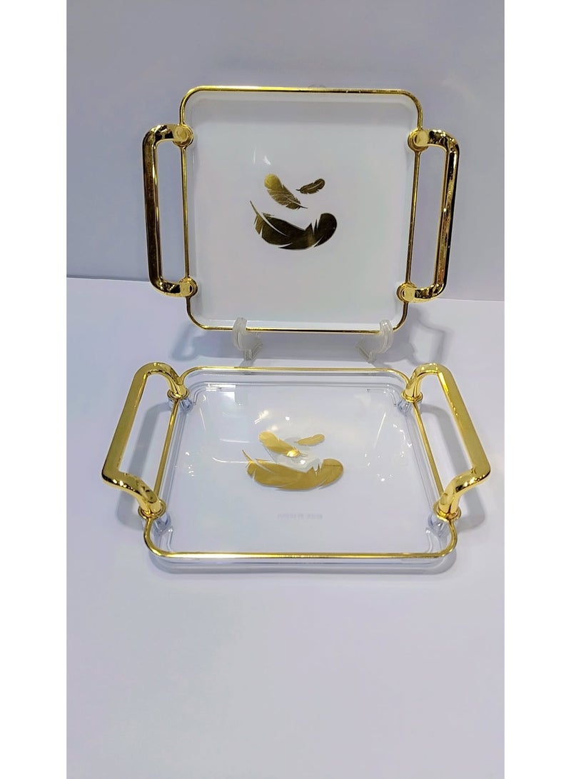 Set of 3 Square Serving Trays with Gold Handles – Luxury Feather Design – Multi-Purpose – White, Black & Transparent – 20×20 cm - Image 3